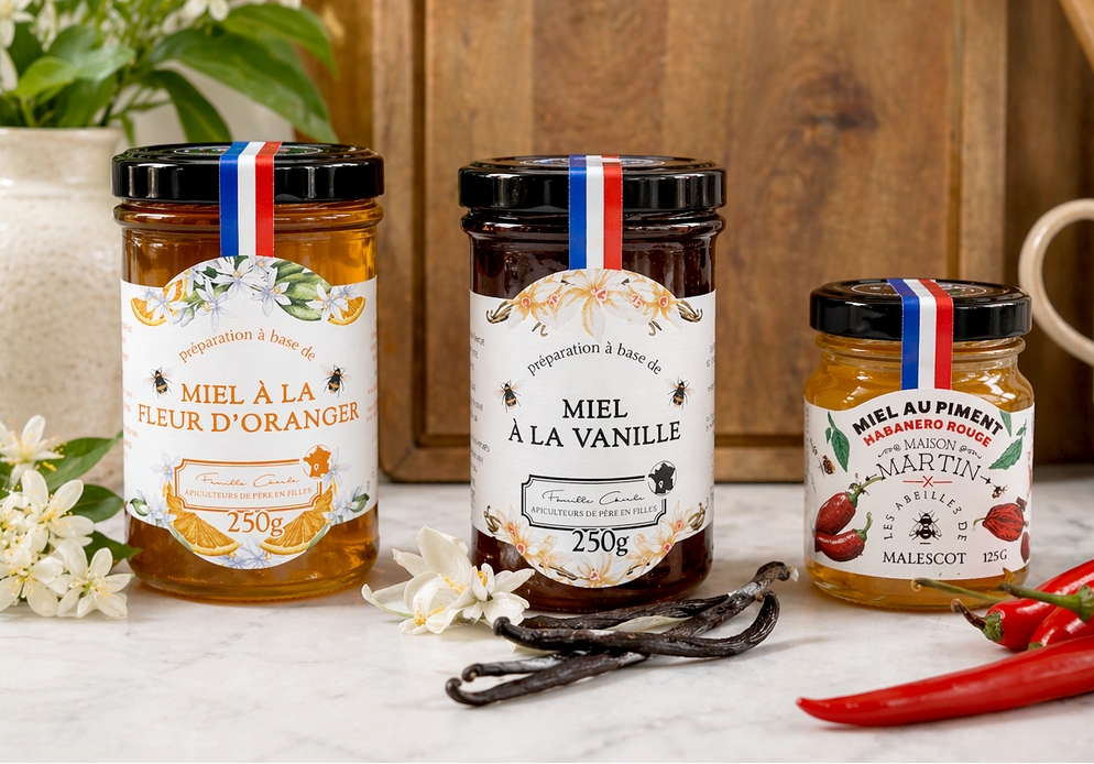 Nos miels infusés - Fleur d'oranger, Vanille ou Piment